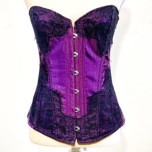 Sexy Adore Me Purple Satin & Black Lace Strapless Boned Lace Up Bustier Large